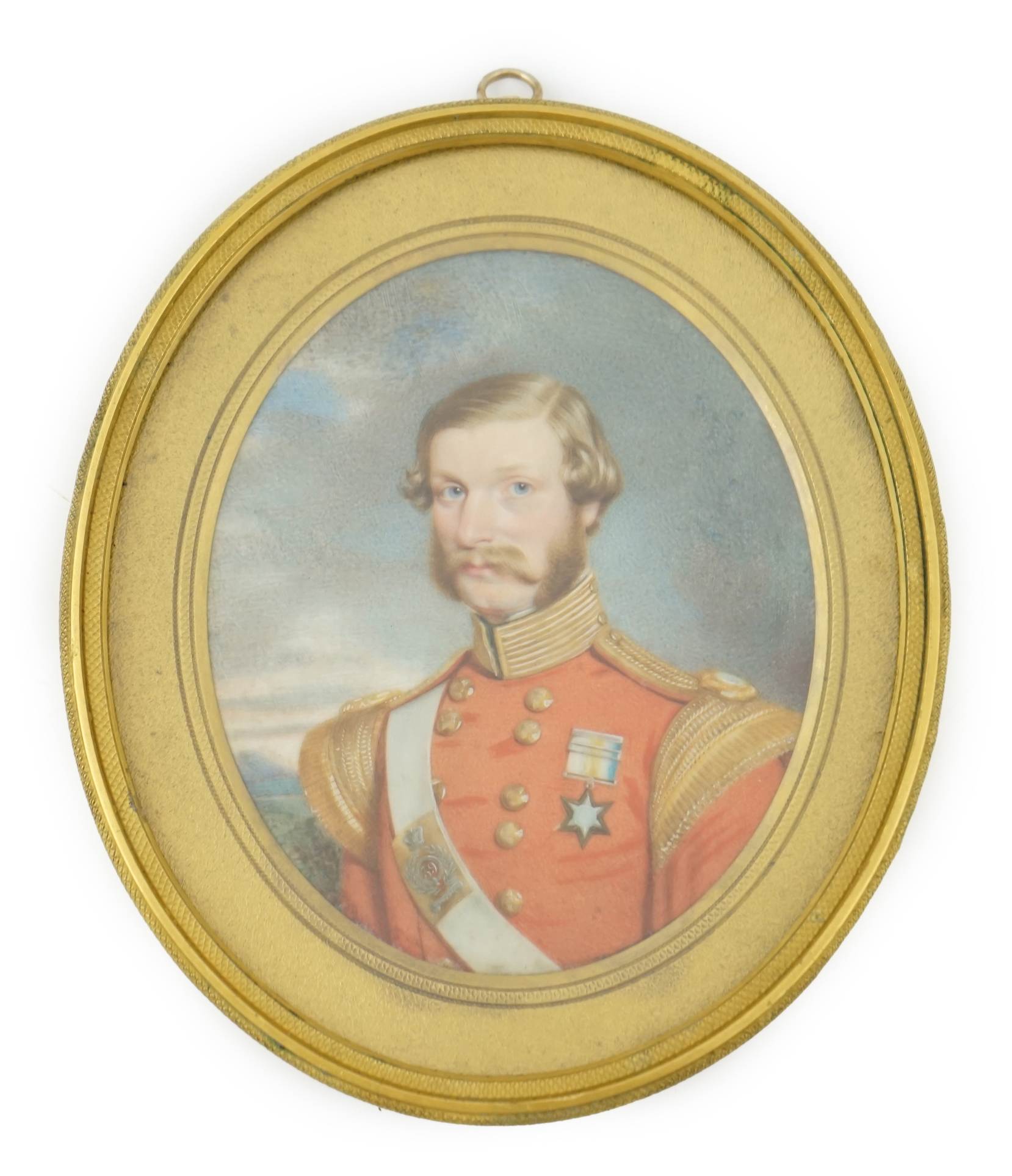 Mid 19th Century English School, Portrait miniature of an army officer of the 39th Regiment, watercolour on ivory, 10 x 8cm. CITES Submission reference WGUP3CSF